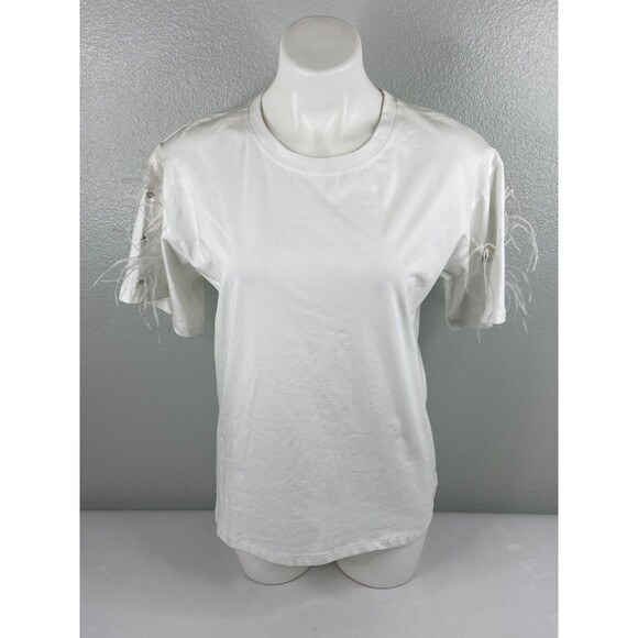 in2you Women Medium White T Shirt Feather Rhinestone Sleeve Casual NWT - Picture 1 of 9